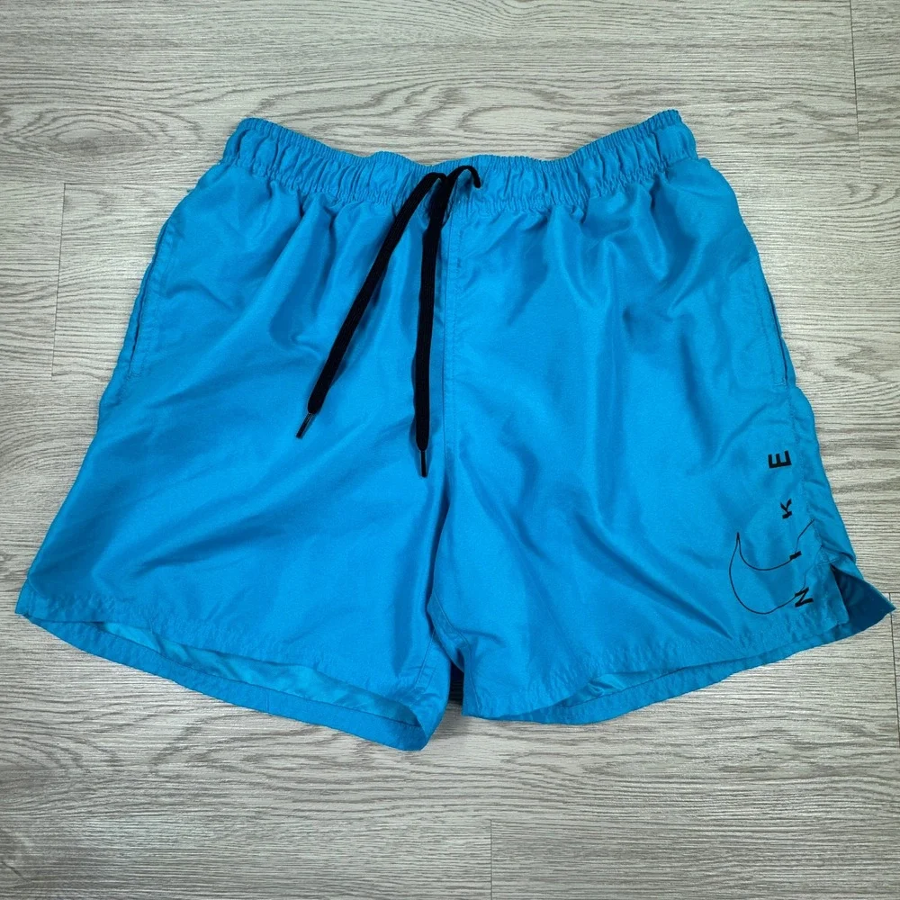 Nike Men's Swim Trunks Blue Medium Mesh Lined Board Shorts Swoosh Logo